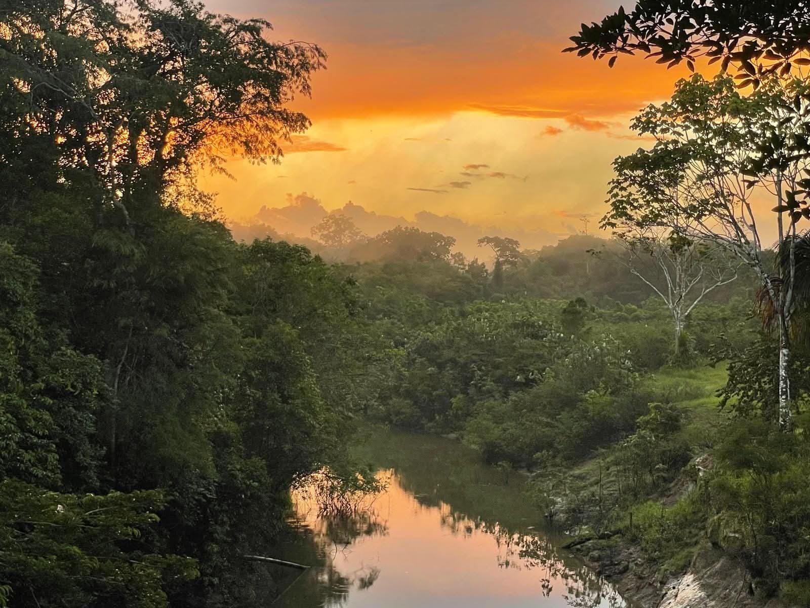 Sunset over a river channel in the Peruvian Amazon