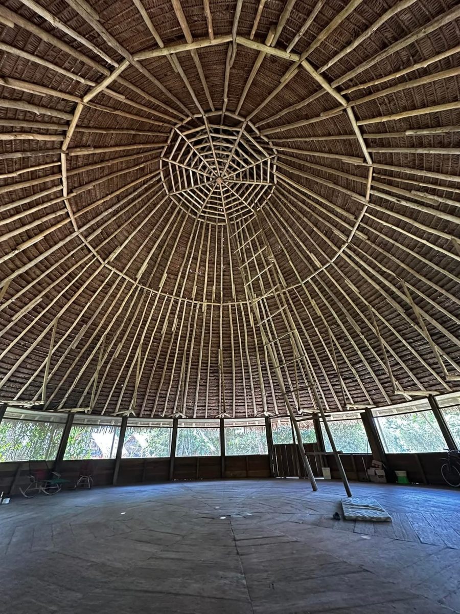The woven conical roof of the maloca seen from inside